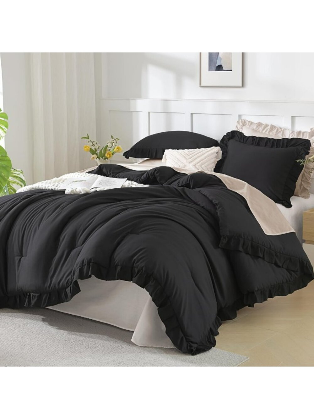 Cozy Black King Size Comforter Set - 3 Piece Solid Farmhouse Bedding Essentials